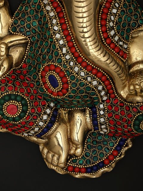 9" Chaturbhuja Lord Ganesha | Wall Hanging | Brass Statue with Inlay Work