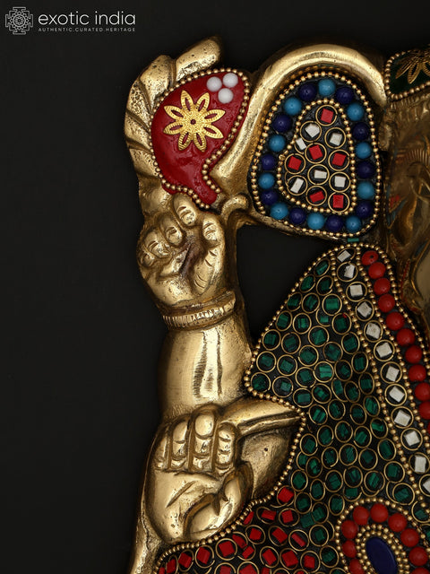 9" Chaturbhuja Lord Ganesha | Wall Hanging | Brass Statue with Inlay Work