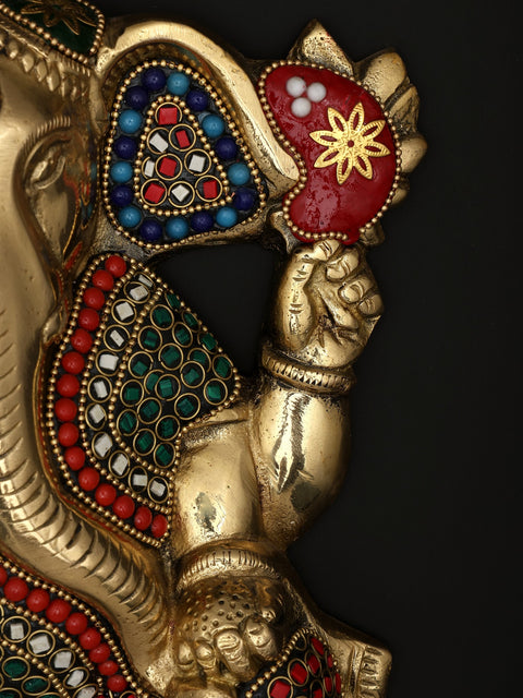 9" Chaturbhuja Lord Ganesha | Wall Hanging | Brass Statue with Inlay Work