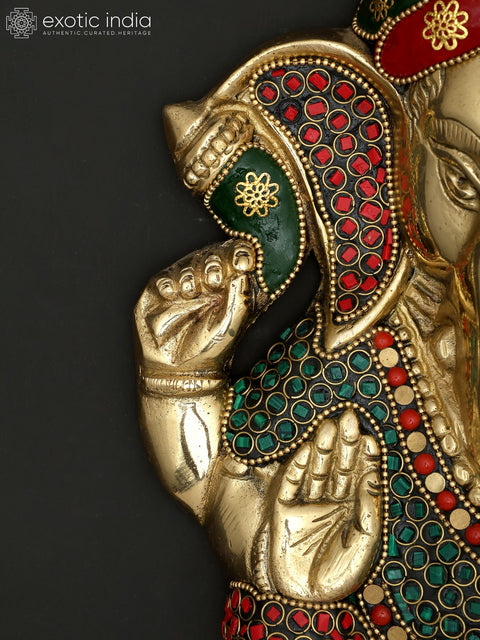 10" Pagadi Ganesha | Wall Hanging | Brass Statue with Inlay Work