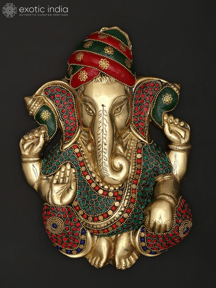 10" Handmade Pagadi Ganesha Brass Wall Hanging with Inlay Work