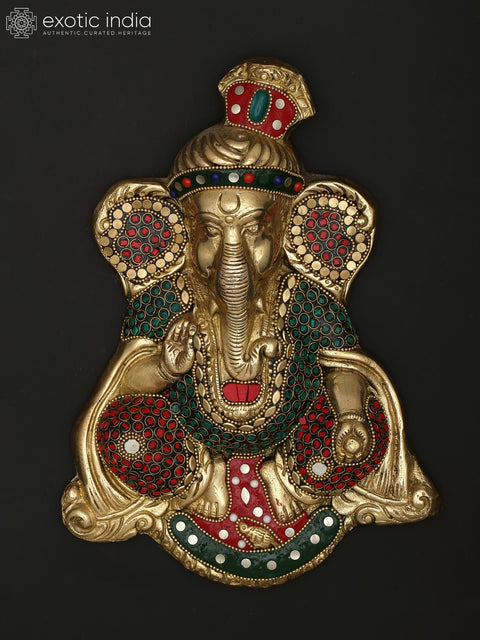 10" Turbaned Blessing Lord Ganesha | Wall Hanging | Brass Statue with Inlay Work