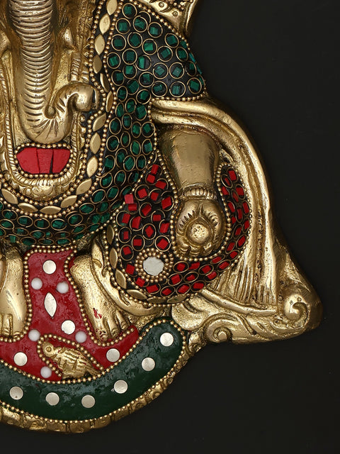 10" Turbaned Blessing Lord Ganesha | Wall Hanging | Brass Statue with Inlay Work
