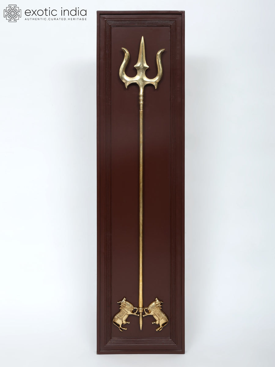 55" Kamadhenu Cow Brass Sculpture with Trishul Wall Hanging