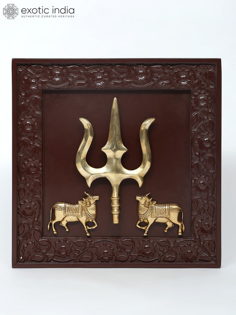 19" Kamadhenu Cows with Trishul/Trident | Wood Framed Brass Sculpture | Wall Hanging
