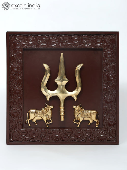 19" Kamadhenu Cows with Trishul Brass Wall Hanging Sculpture