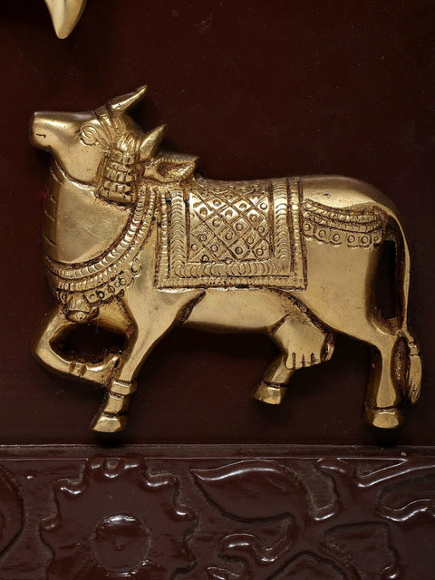 19" Kamadhenu Cows with Trishul/Trident | Wood Framed Brass Sculpture | Wall Hanging
