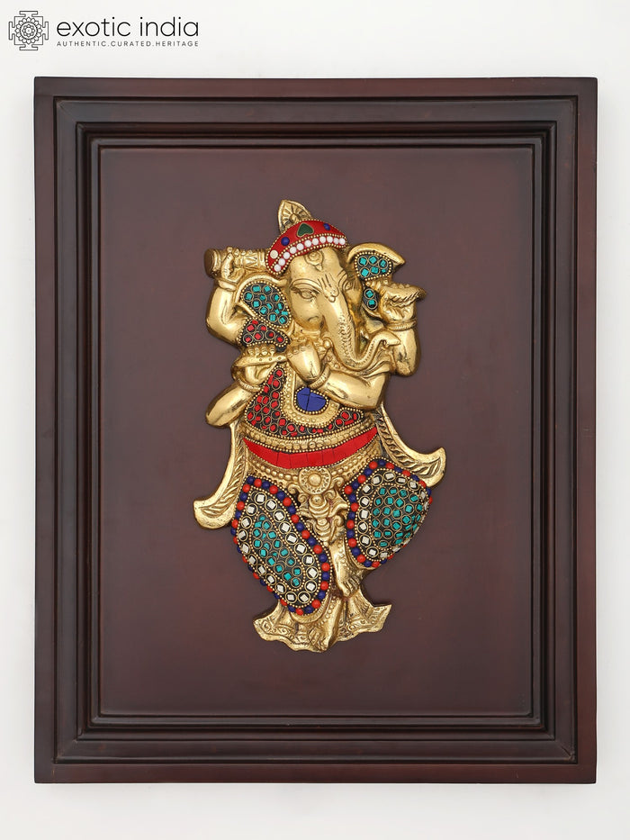 16" Lord Ganesha Playing Flute Brass Wall Hanging Sculpture with Wood Inlay