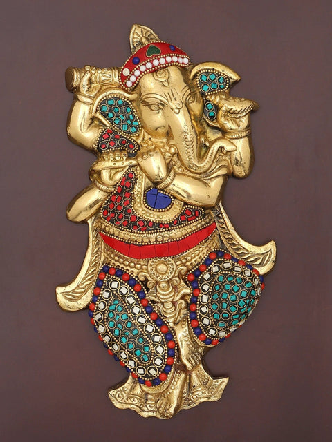 16" Lord Ganesha Dancing and Playing Flute | Wood Framed Brass Sculpture with Inlay Work | Wall Hanging