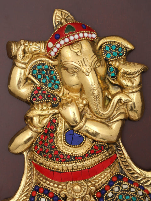 16" Lord Ganesha Dancing and Playing Flute | Wood Framed Brass Sculpture with Inlay Work | Wall Hanging