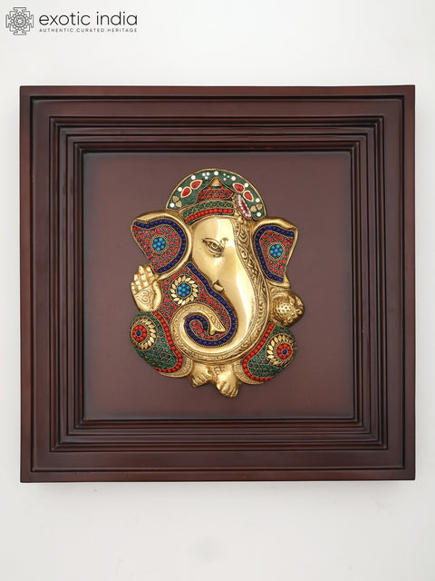 16" Brass Blessing Lord Ganesha with Inlay Work | Wood Framed Sculpture | Wall Hanging