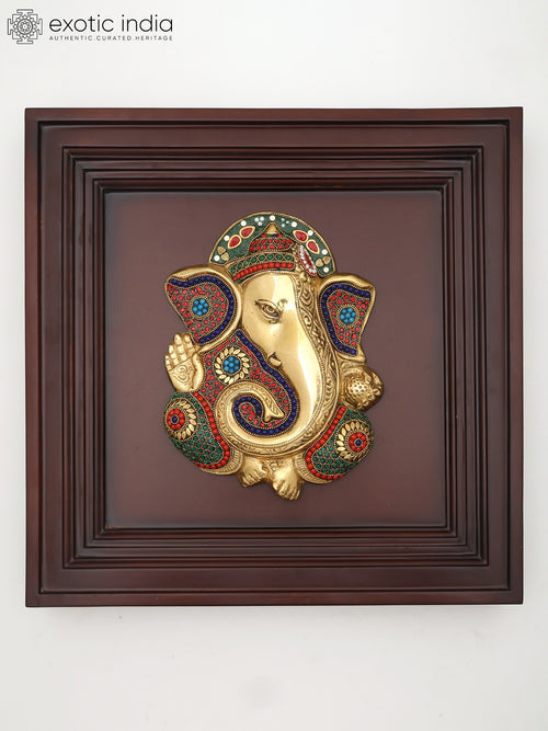 16" Brass Ganesha with Inlay Work Wall Hanging Sculpture