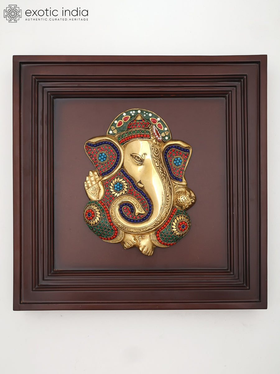 16" Brass Ganesha with Inlay Work Wall Hanging Sculpture