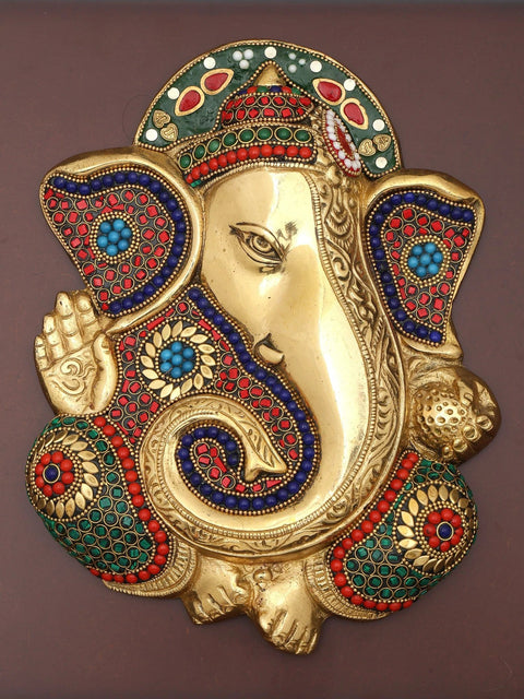 16" Brass Blessing Lord Ganesha with Inlay Work | Wood Framed Sculpture | Wall Hanging