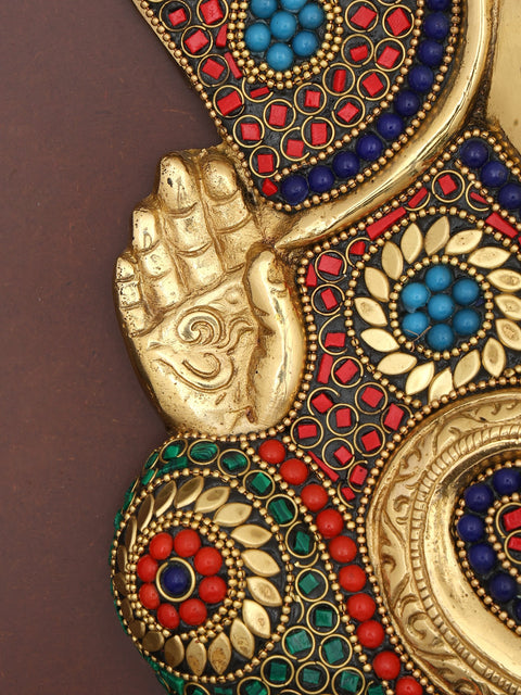 16" Brass Blessing Lord Ganesha with Inlay Work | Wood Framed Sculpture | Wall Hanging