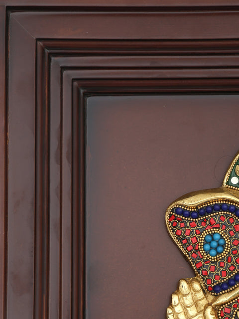 16" Brass Blessing Lord Ganesha with Inlay Work | Wood Framed Sculpture | Wall Hanging