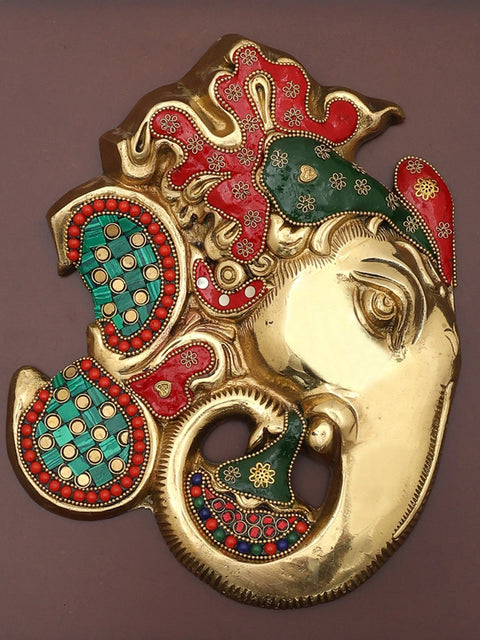 16" Brass Stylized Lord Ganesha with Inlay Work | Wood Framed Sculpture | Wall Hanging
