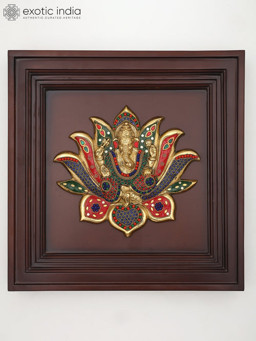 16" Brass Lotus Ganesha Wall Hanging Sculpture with Inlay Work