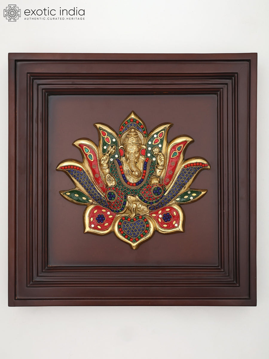 16" Brass Lotus Ganesha Wall Hanging Sculpture with Inlay Work