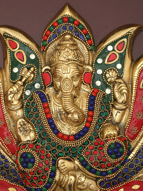 16" Brass Lotus Ganesha with Inlay Work | Wood Framed Sculpture | Wall Hanging