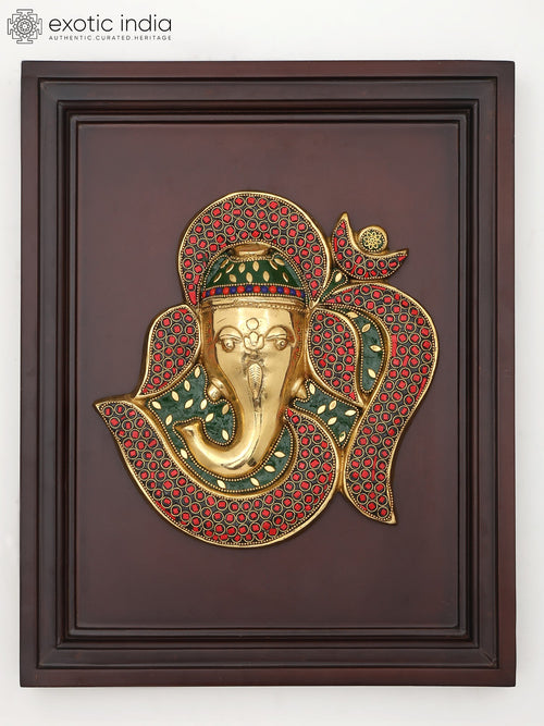 16" Brass Om Ganesha with Inlay Work Wall Hanging Sculpture