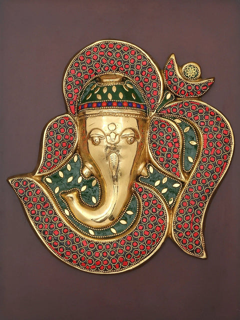 16" Brass Om Ganesha with Inlay Work | Wood Framed Sculpture | Wall Hanging