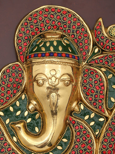 16" Brass Om Ganesha with Inlay Work | Wood Framed Sculpture | Wall Hanging