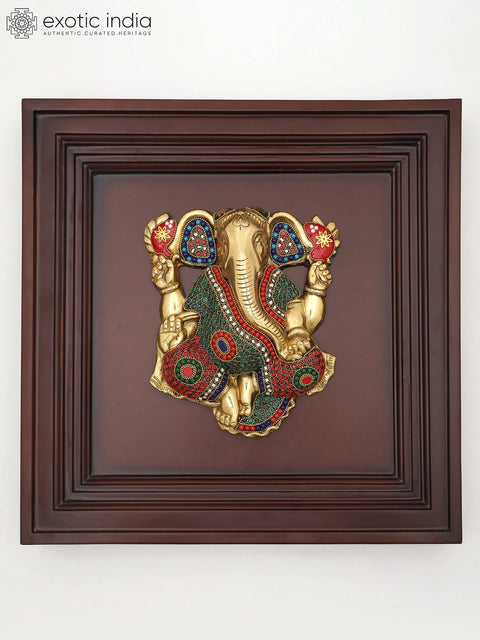 16" Chaturbhuja Lord Ganesha | Wood Framed Brass Sculpture with Inlay Work | Wall Hanging