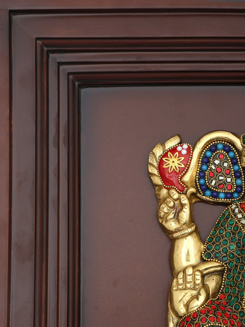 16" Chaturbhuja Lord Ganesha | Wood Framed Brass Sculpture with Inlay Work | Wall Hanging