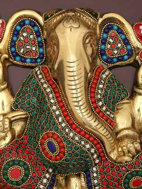16" Chaturbhuja Lord Ganesha | Wood Framed Brass Sculpture with Inlay Work | Wall Hanging