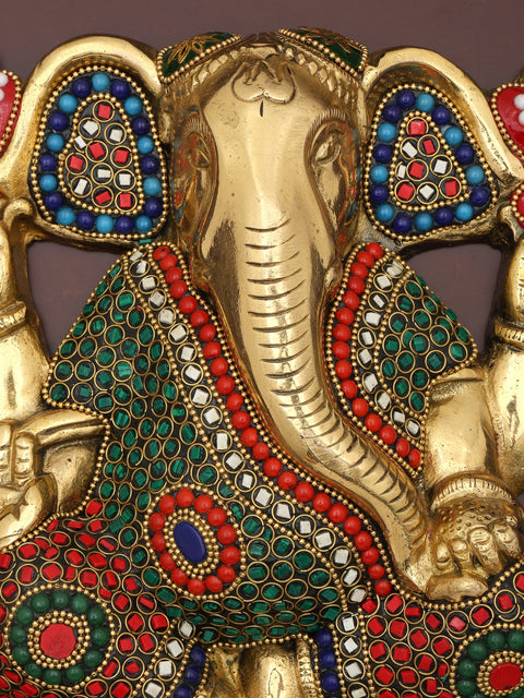 16" Chaturbhuja Lord Ganesha | Wood Framed Brass Sculpture with Inlay Work | Wall Hanging