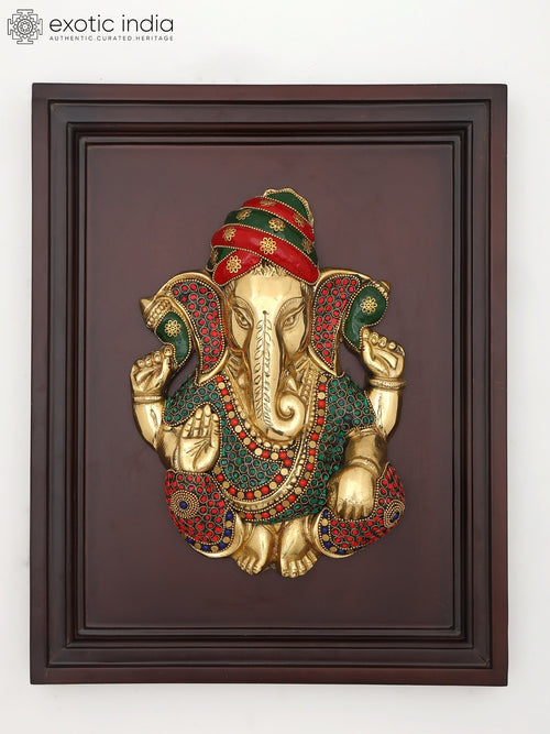 16" Brass Lord Ganapati Inlay Wall Hanging Sculpture with Wood Frame