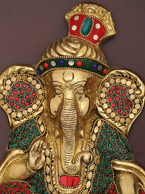 16" Blessing Pagadi Ganesha | Wall Hanging | Wood Framed Brass Sculpture with Inlay Work