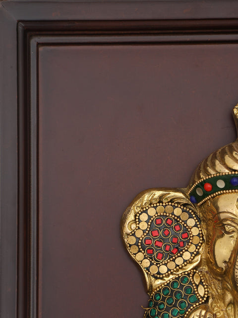 16" Blessing Pagadi Ganesha | Wall Hanging | Wood Framed Brass Sculpture with Inlay Work