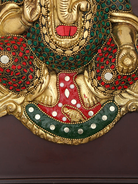 16" Blessing Pagadi Ganesha | Wall Hanging | Wood Framed Brass Sculpture with Inlay Work