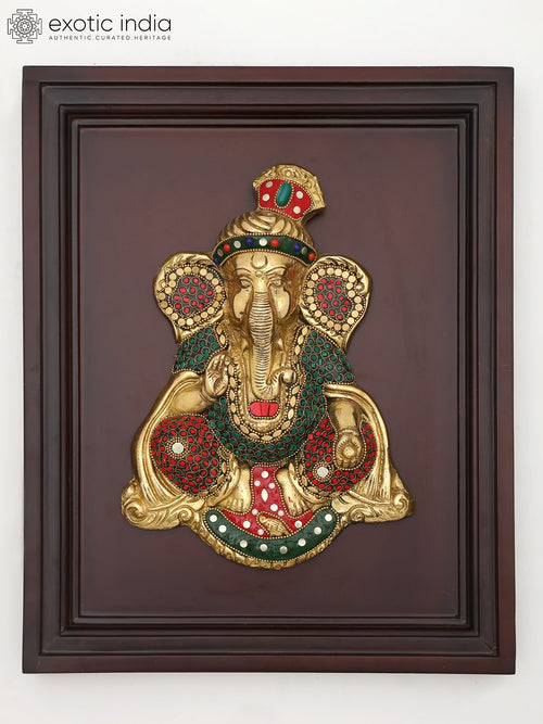 16" Handmade Ganesha Blessing Pagadi Brass Wall Hanging with Wood Inlay