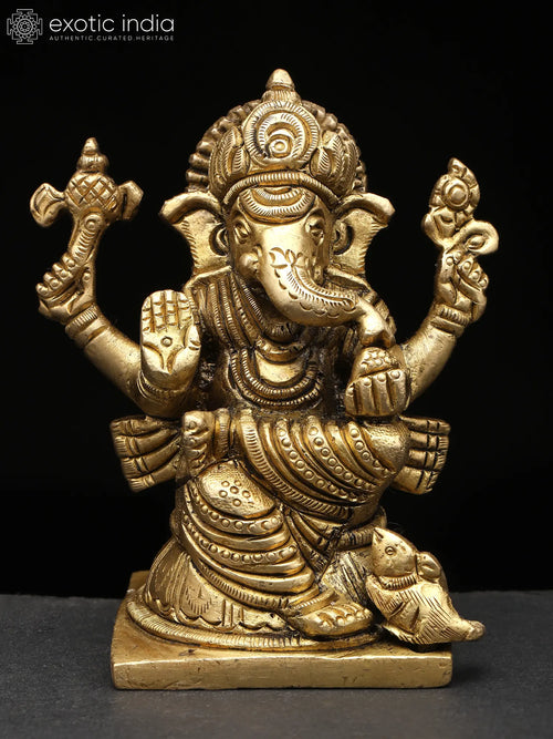 4" Four Armed Blessing Ganesha Brass Statue for Pooja