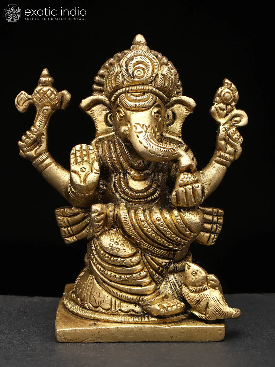 4" Four Armed Blessing Ganesha Brass Statue for Pooja