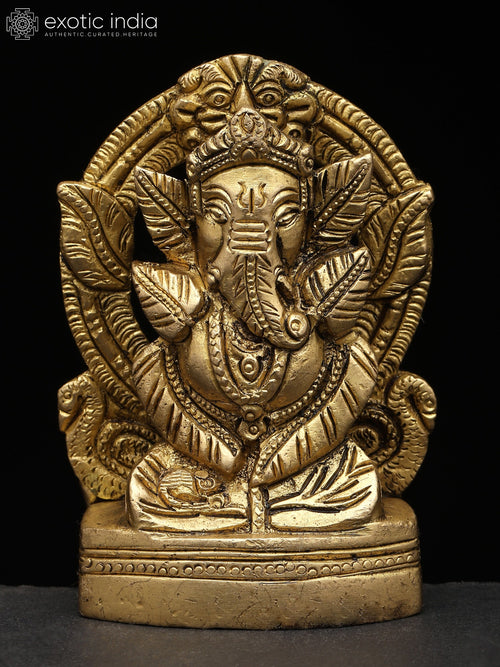 4" Ganesha on Kirtimukha Throne Brass Statue with Leaves