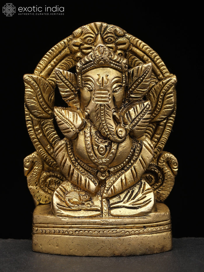 4" Ganesha on Kirtimukha Throne Brass Statue with Leaves