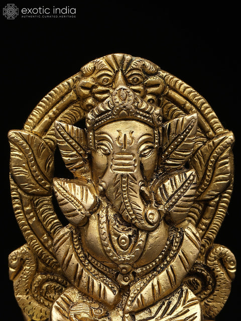 4" Small Leaves Ganesha on Kirtimukha Throne | Brass Statue