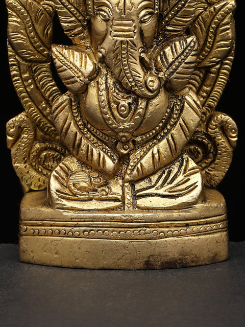4" Small Leaves Ganesha on Kirtimukha Throne | Brass Statue