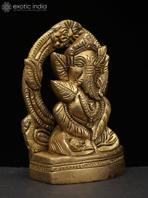 4" Small Leaves Ganesha on Kirtimukha Throne | Brass Statue