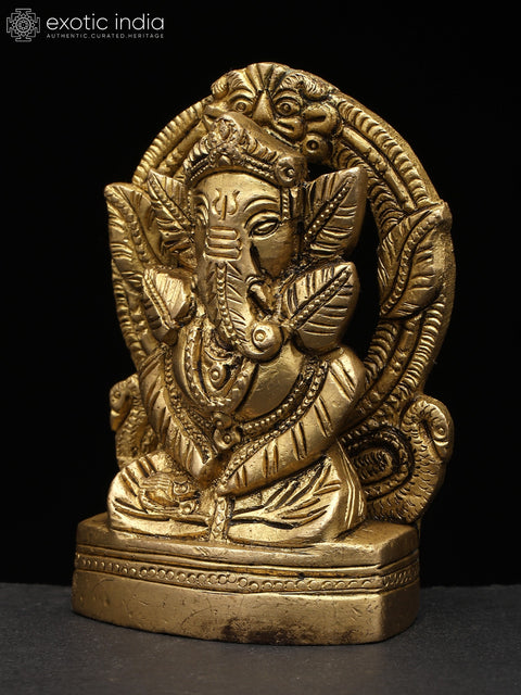 4" Small Leaves Ganesha on Kirtimukha Throne | Brass Statue