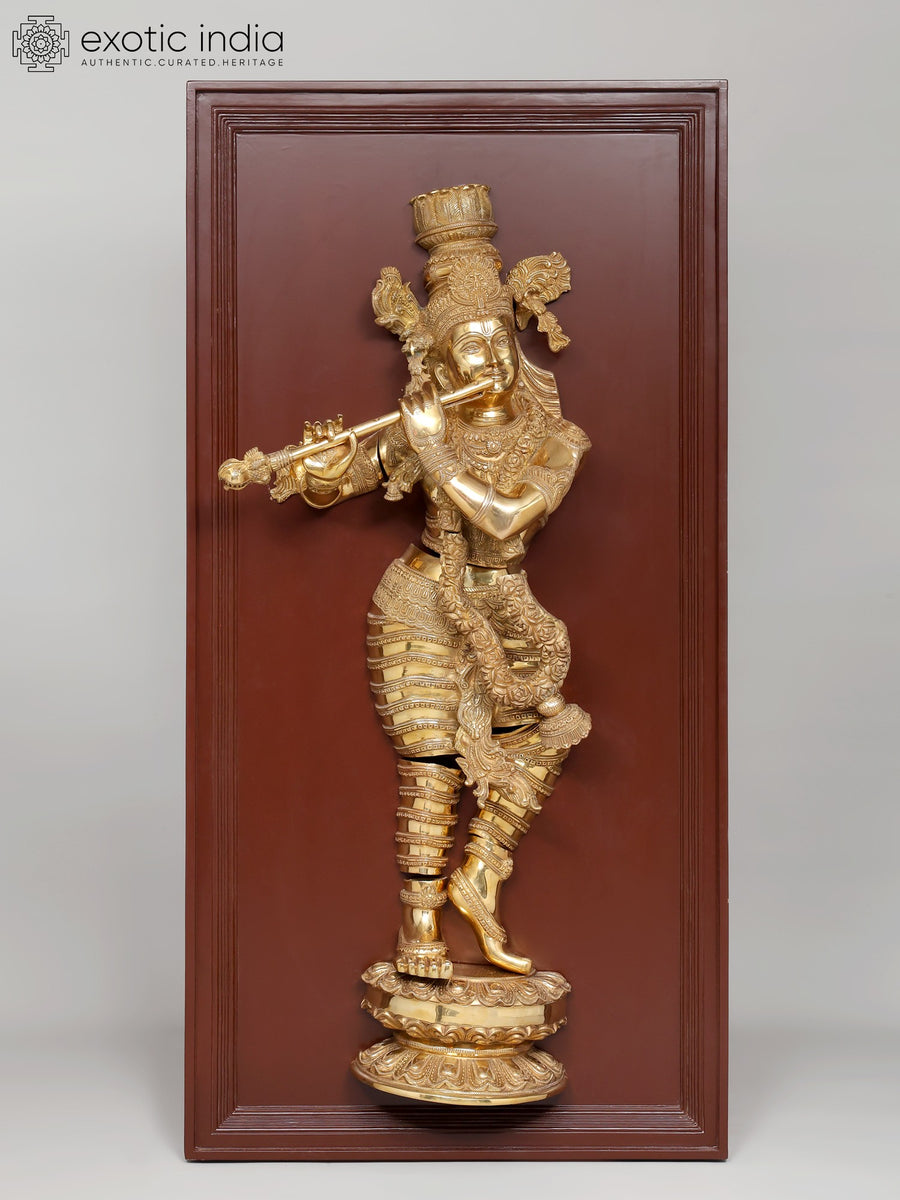 53" Large Fluting Lord Krishna Brass Sculpture Wall Hanging