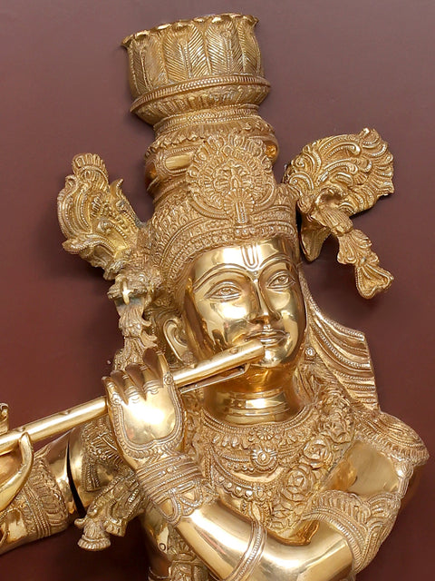 53" Large Fluting Lord Krishna | Wood Framed Brass Sculpture | Wall Hanging
