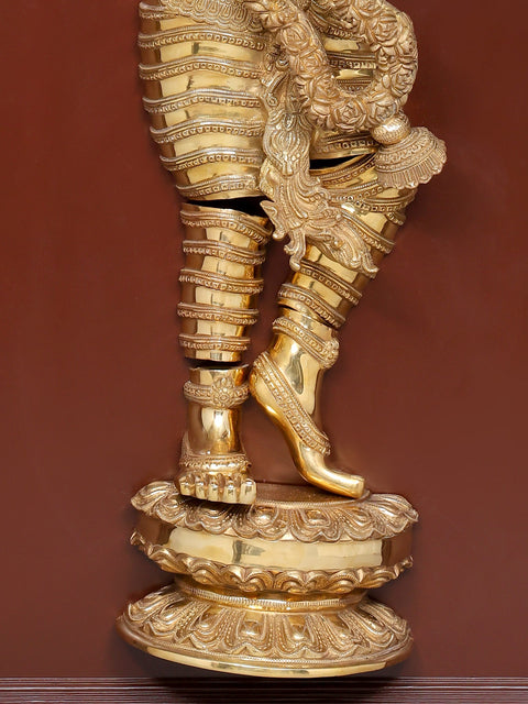 53" Large Fluting Lord Krishna | Wood Framed Brass Sculpture | Wall Hanging