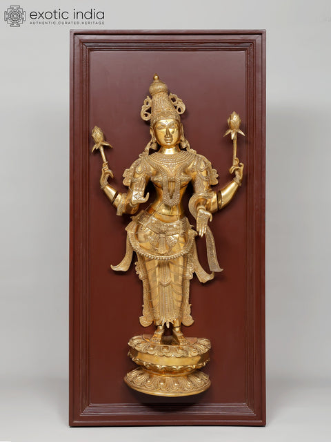 48" Large Four Armed Standing Goddess Lakshmi | Wood Framed Brass Sculpture | Wall Hanging