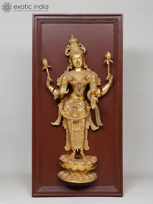 48" Four Armed Standing Goddess Lakshmi Brass Wall Hanging Sculpture