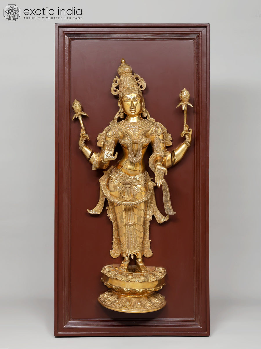 48" Four Armed Standing Goddess Lakshmi Brass Wall Hanging Sculpture